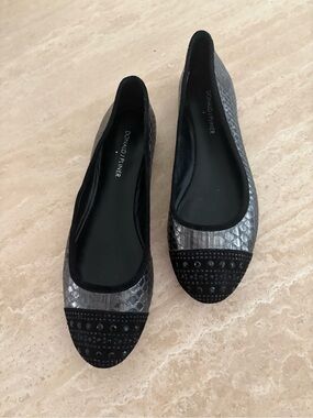 Donald J. Pliner Silver and Black Croc-Texture Studded Ballet Flats
